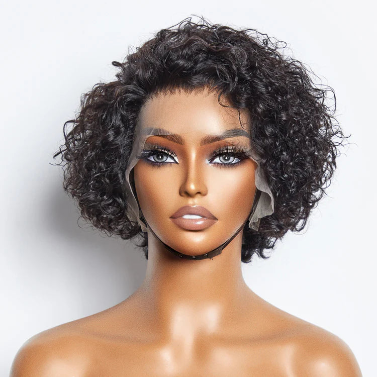 Rebecca 8 inch Short Curly Pixie Cut 13"x4" Frontal Lace Wig Pre-Bleached Knots Brazilian Human Virgin Hair 150% Density