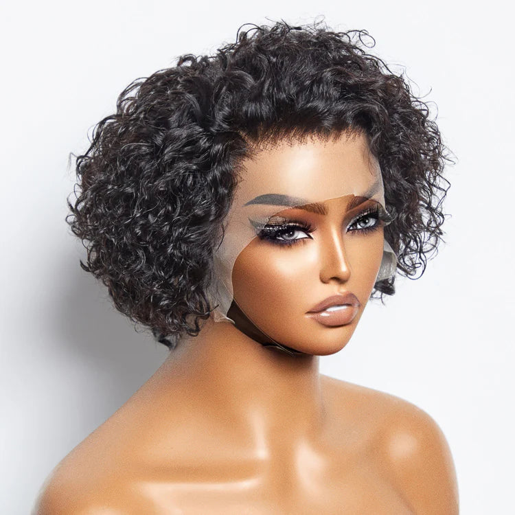 Rebecca 8 inch Short Curly Pixie Cut 13"x4" Frontal Lace Wig Pre-Bleached Knots Brazilian Human Virgin Hair 150% Density