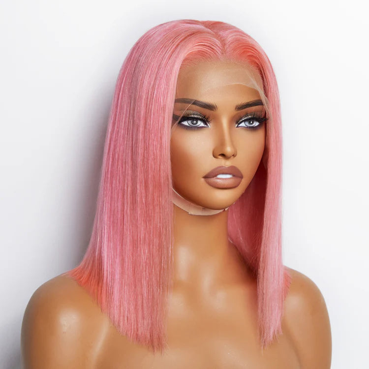 Nicole 12 Inches Pre-Plucked 13"x4" #Pink Straight Bob Lace Frontal Wig 150% Density-100% Human Hair