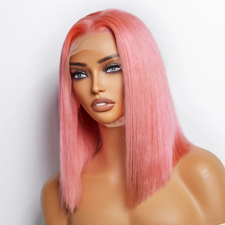 Nicole 12 Inches Pre-Plucked 13"x4" #Pink Straight Bob Lace Frontal Wig 150% Density-100% Human Hair