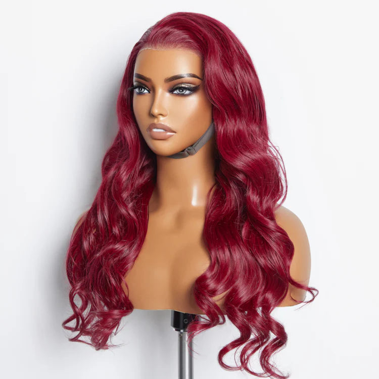 Hot Magenta 24 Inches 13"x4" Body Wavy Wear & Go Glueless #99j Lace Frontal Wig-100% Human Hair