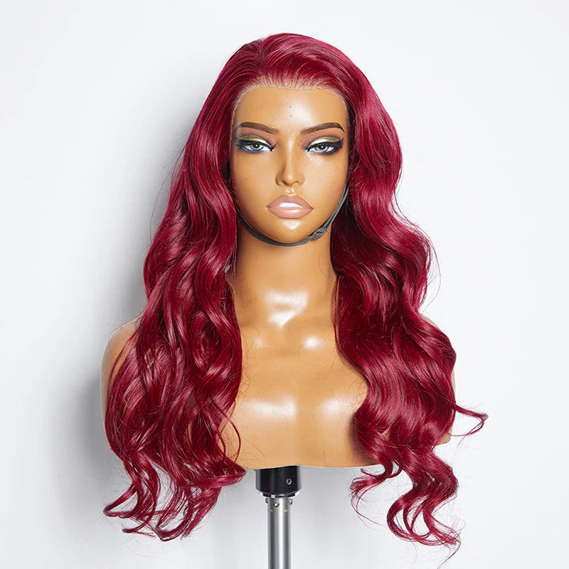 Hot Magenta 24 Inches 13"x4" Body Wavy Wear & Go Glueless #99j Lace Frontal Wig-100% Human Hair