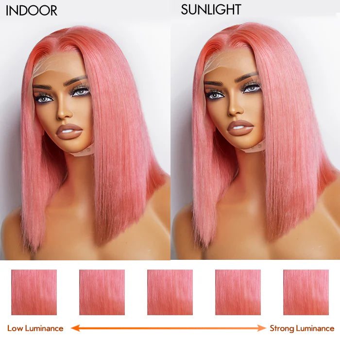 Nicole 12 Inches Pre-Plucked 13"x4" #Pink Straight Bob Lace Frontal Wig 150% Density-100% Human Hair
