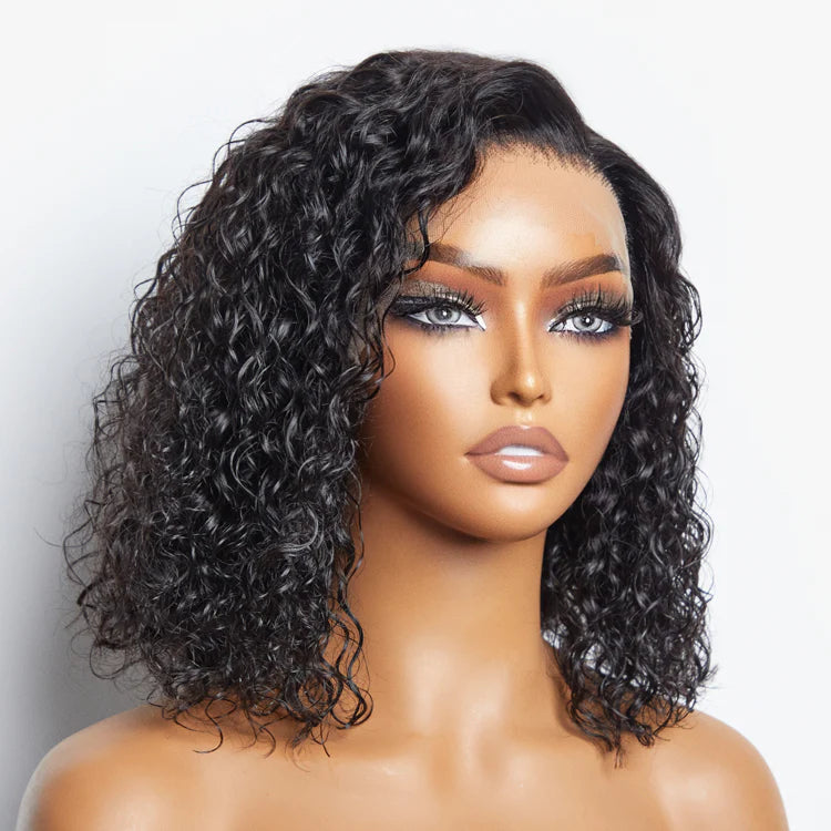 Kim 2/14 Inches 13"x4" Natural Black Water Wavy Bob 3D Transparent Lace Frontal Wig-100% Human Hair