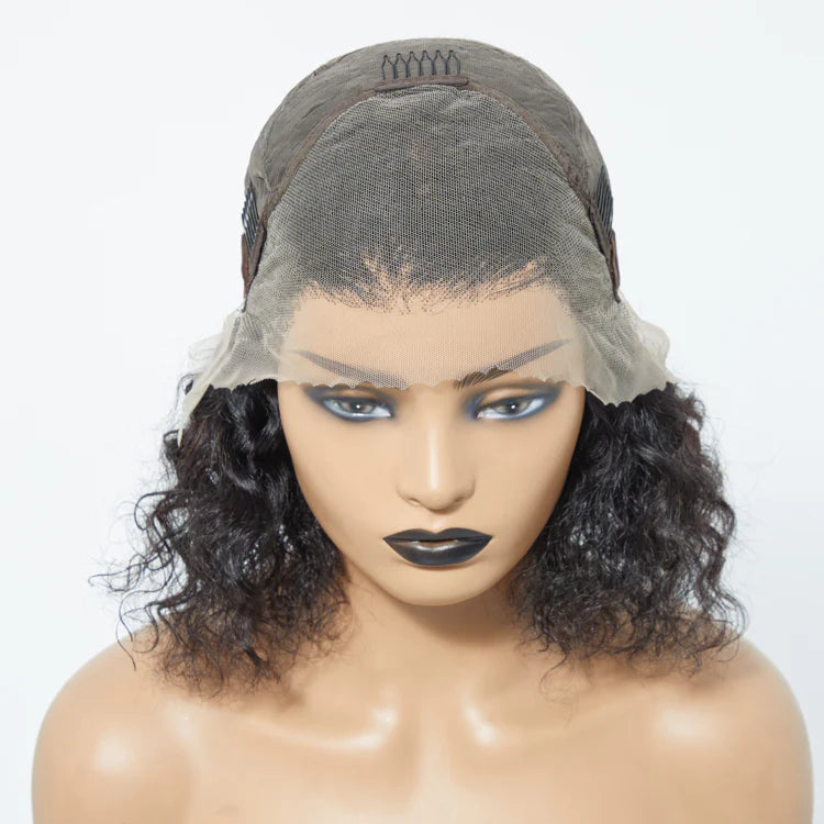Kim 2/14 Inches 13"x4" Natural Black Water Wavy Bob 3D Transparent Lace Frontal Wig-100% Human Hair