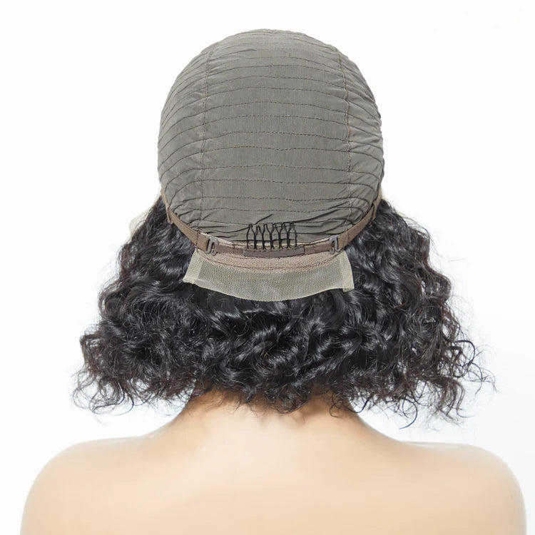 Kim 2/14 Inches 13"x4" Natural Black Water Wavy Bob 3D Transparent Lace Frontal Wig-100% Human Hair