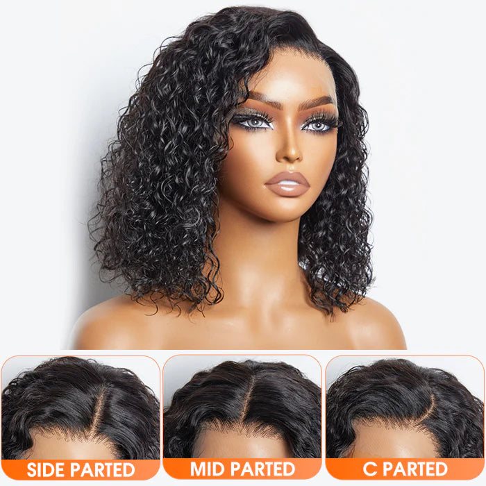 Kim 2/14 Inches 13"x4" Natural Black Water Wavy Bob 3D Transparent Lace Frontal Wig-100% Human Hair