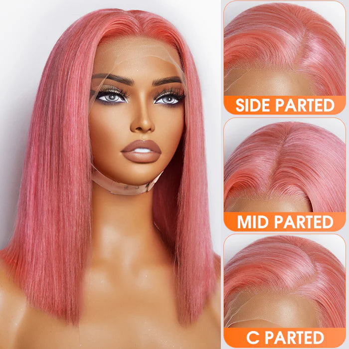 Nicole 12 Inches Pre-Plucked 13"x4" #Pink Straight Bob Lace Frontal Wig 150% Density-100% Human Hair