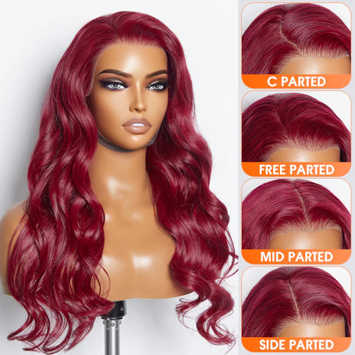 Hot Magenta 24 Inches 13"x4" Body Wavy Wear & Go Glueless #99j Lace Frontal Wig-100% Human Hair