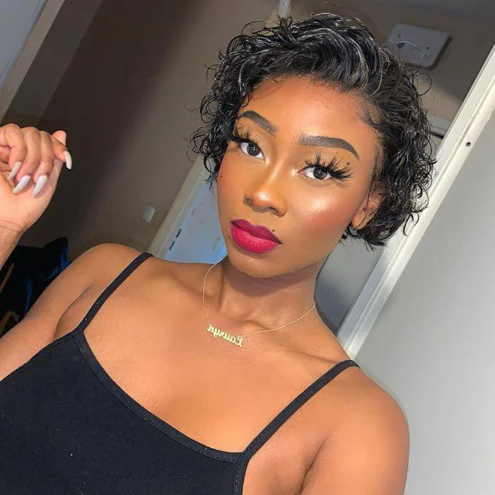 Rebecca 8 inch Short Curly Pixie Cut 13"x4" Frontal Lace Wig Pre-Bleached Knots Brazilian Human Virgin Hair 150% Density