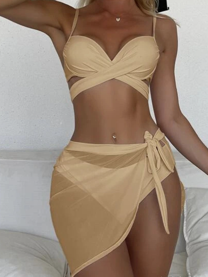 Beige Beauty Mesh Bikini Solid Cut Out Three Piece Swimsuit CAN-X-DID