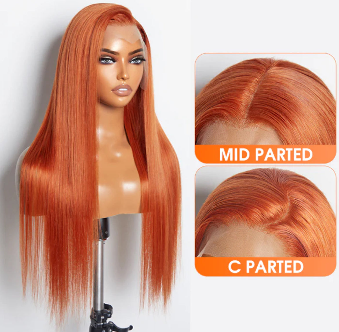 24 Inches Ginger 13"x4" Lace Front Straight Wig Pre-Plucked Free Part 150% Density-100% Human Hair