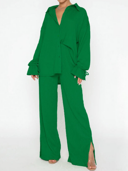 Lapel Long Sleeves Lace-Up Top Trouser Set CAN-X-DID