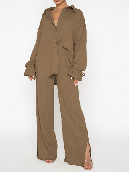 Lapel Long Sleeves Lace-Up Top Trouser Set CAN-X-DID