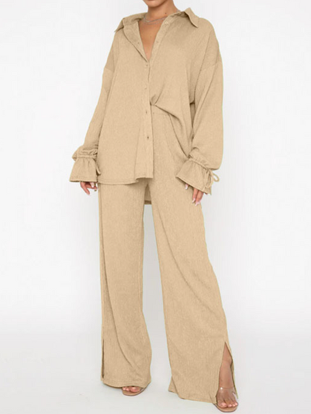 Lapel Long Sleeves Lace-Up Top Trouser Set CAN-X-DID