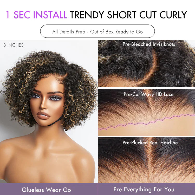 Minimalist 8 inch Edgy Short Cut Curly Side Part Wig HD Lace Glueless