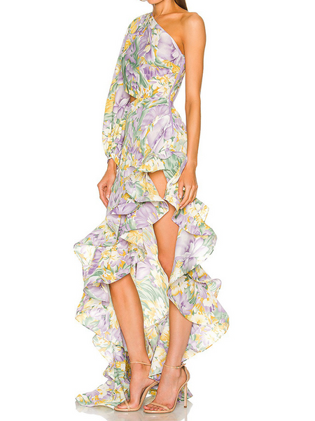 Modelo One Shoulder Floral Print Ruffle Hem Dress CAN-X-DID