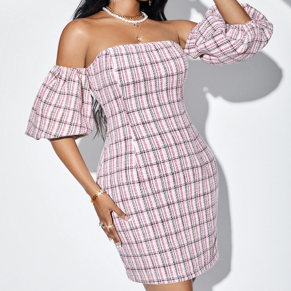 Prim and Proper Plaid Off the Shoulder Dress CAN-X-DID