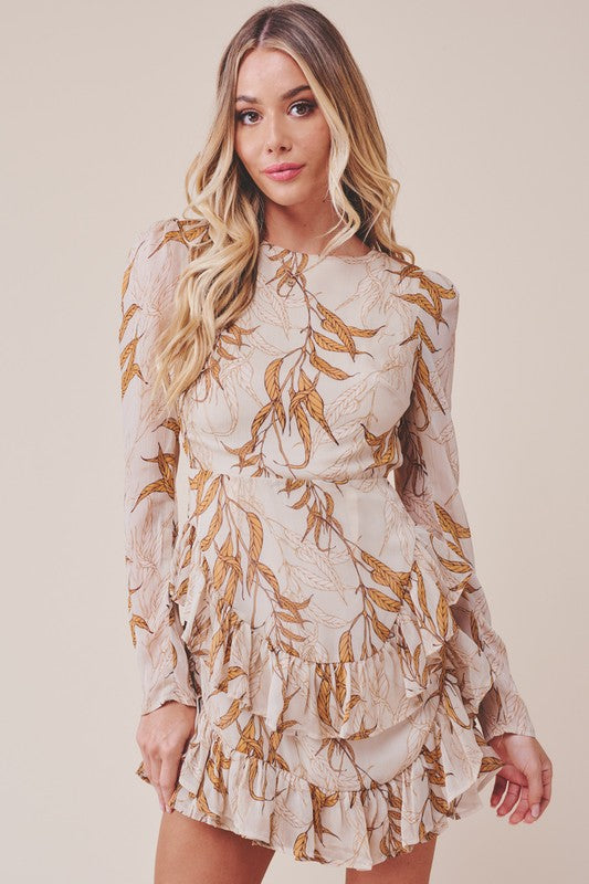 Printed Ruffle Long-Sleeved Tiered Mini Dress CAN-X-DID