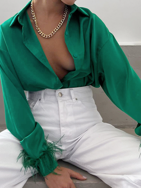 Satin Long Sleeve Blouse with Feather Decoration CAN-X-DID