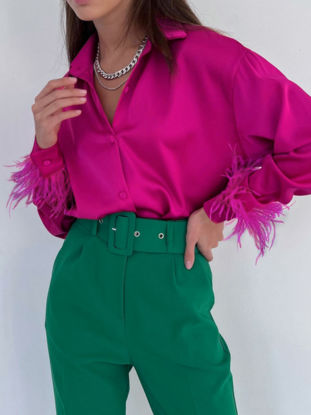 Satin Long Sleeve Blouse with Feather Decoration CAN-X-DID