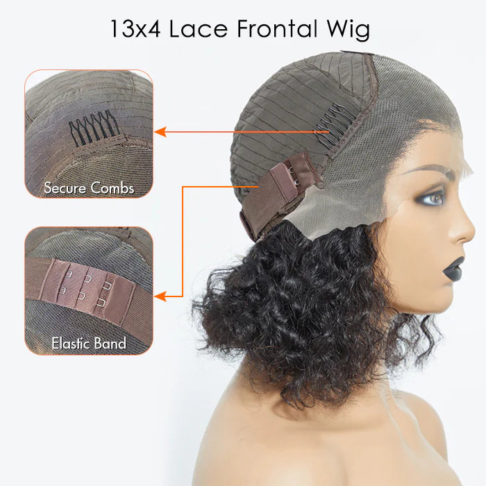 Kim 2/14 Inches 13"x4" Natural Black Water Wavy Bob 3D Transparent Lace Frontal Wig-100% Human Hair