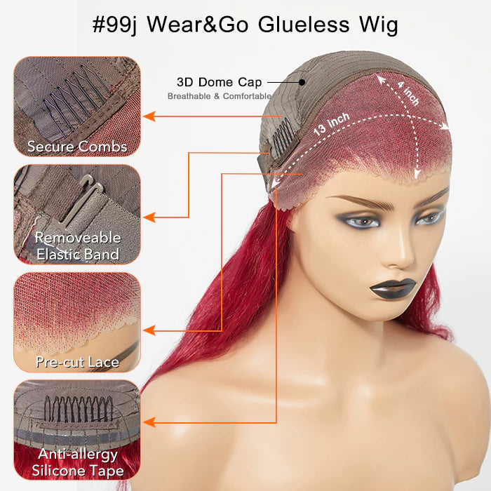 Hot Magenta 24 Inches 13"x4" Body Wavy Wear & Go Glueless #99j Lace Frontal Wig-100% Human Hair