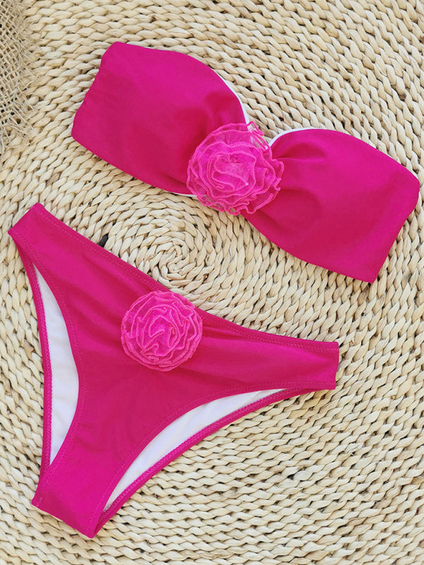 Rio Three-dimensional Flower Tube Top High Waist Split 2pc Swimsuit