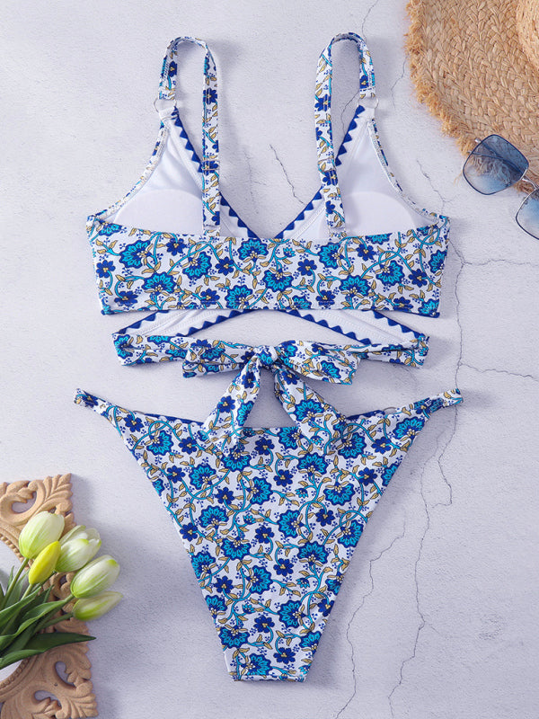 Athens Cross-string Digital Print Hook-and-edge Split Bikini