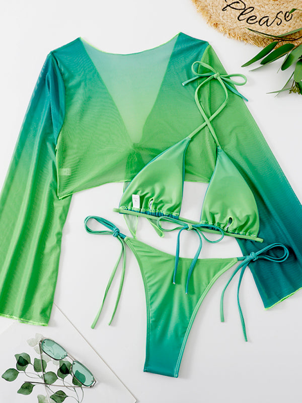 Malibu Three-piece Mesh Shawl Split High Waist Swimsuit Set