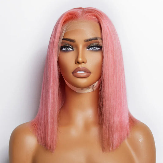 Nicole 12 Inches Pre-Plucked 13"x4" #Pink Straight Bob Lace Frontal Wig 150% Density-100% Human Hair