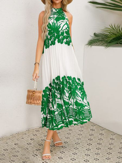 Pleated Tropical Green Standing Collar Sleeveless Dress