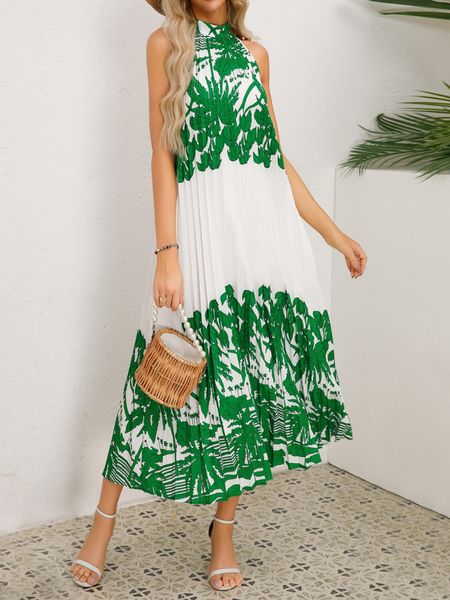 Pleated Tropical Green Standing Collar Sleeveless Dress