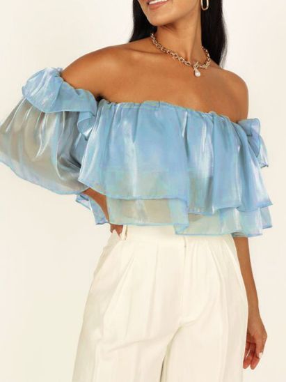 BabyBlue Mesh Off Shoulder Double Layer Ruffle Trim Crop Top