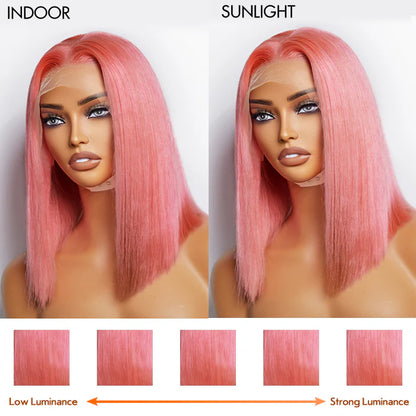 Nicole 12 Inches Pre-Plucked 13"x4" #Pink Straight Bob Lace Frontal Wig 150% Density-100% Human Hair