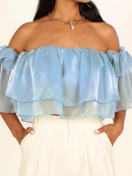 BabyBlue Mesh Off Shoulder Double Layer Ruffle Trim Crop Top