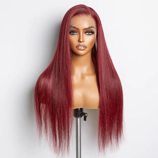 Tracy 24 Inches Burgundy 13"x4" Lace Front Straight Wig Pre-Plucked Free Part 150% Density-100% Human Hair