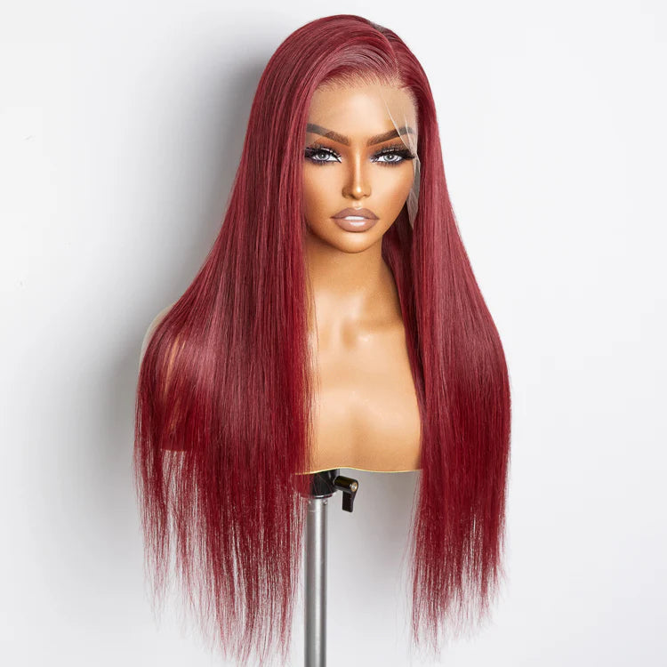 Tracy 24 Inches Burgundy 13"x4" Lace Front Straight Wig Pre-Plucked Free Part 150% Density-100% Human Hair