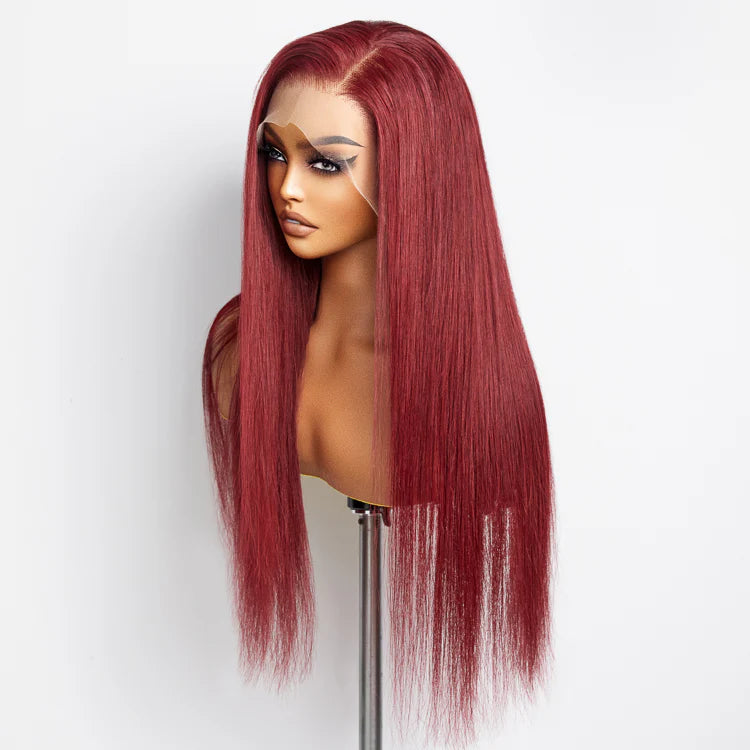 Tracy 24 Inches Burgundy 13"x4" Lace Front Straight Wig Pre-Plucked Free Part 150% Density-100% Human Hair