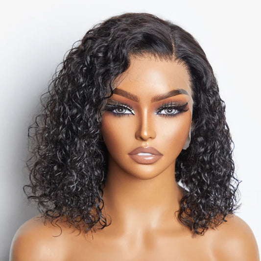 Kim 2/14 Inches 13"x4" Natural Black Water Wavy Bob 3D Transparent Lace Frontal Wig-100% Human Hair