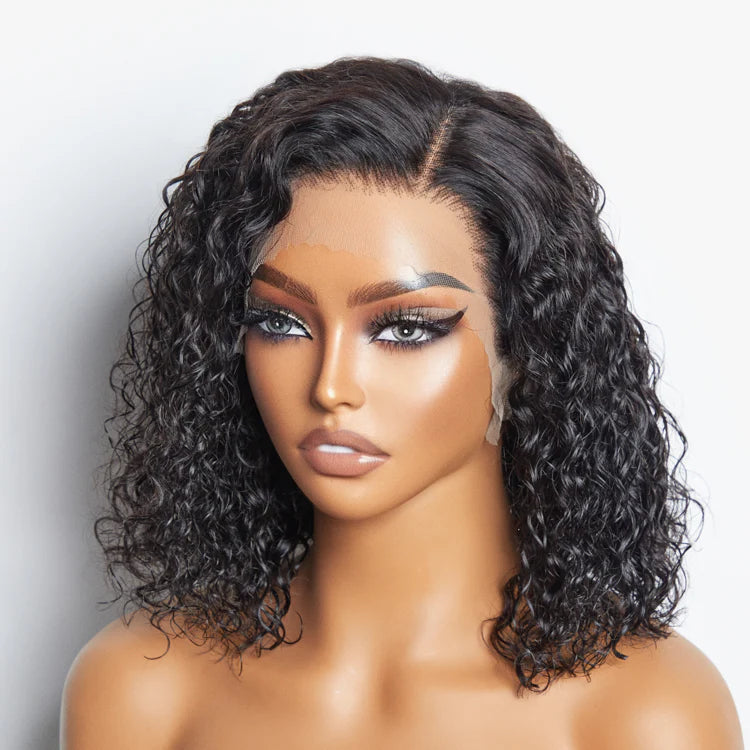 Kim 2/14 Inches 13"x4" Natural Black Water Wavy Bob 3D Transparent Lace Frontal Wig-100% Human Hair