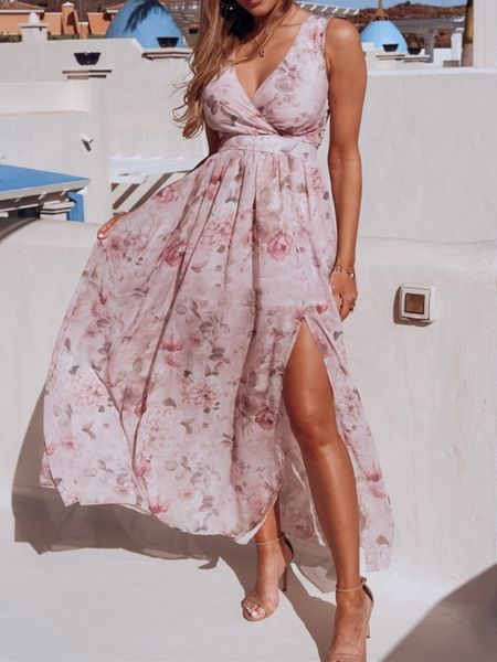 Pink Floral Chiffon Sleeveless Split Dress