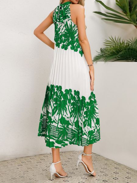 Pleated Tropical Green Standing Collar Sleeveless Dress