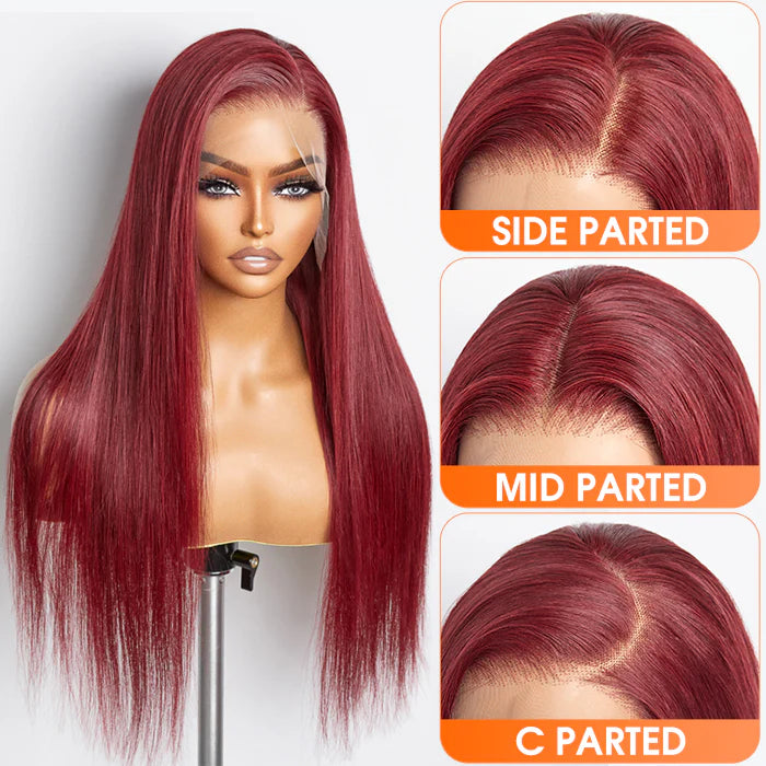 Tracy 24 Inches Burgundy 13"x4" Lace Front Straight Wig Pre-Plucked Free Part 150% Density-100% Human Hair