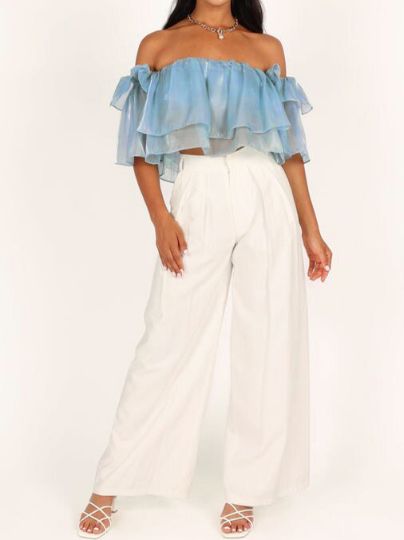 BabyBlue Mesh Off Shoulder Double Layer Ruffle Trim Crop Top