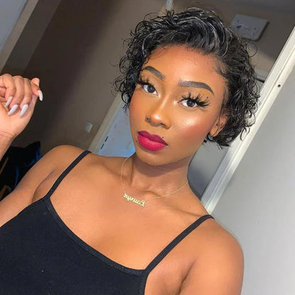 Rebecca 8 inch Short Curly Pixie Cut 13"x4" Frontal Lace Wig Pre-Bleached Knots Brazilian Human Virgin Hair 150% Density