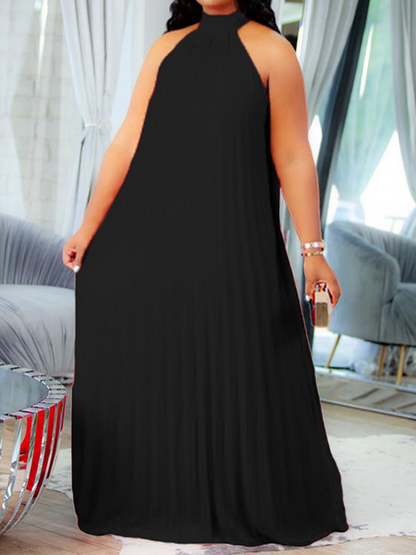 Pleated Plus Size Sleeveless Halter Dress