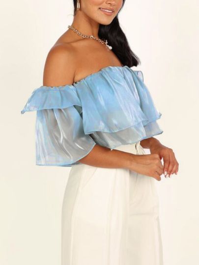 BabyBlue Mesh Off Shoulder Double Layer Ruffle Trim Crop Top