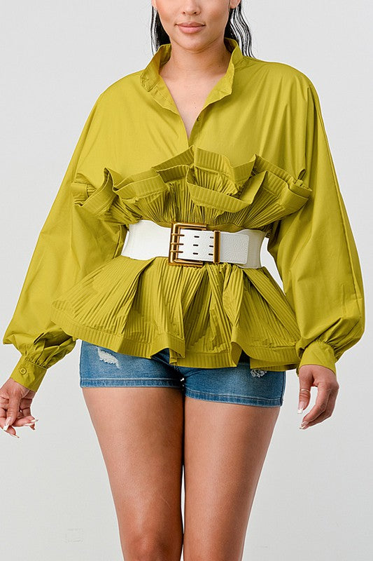 Athina Pleated Ruffle Waist Belt Long Blouse CAN-X-DID