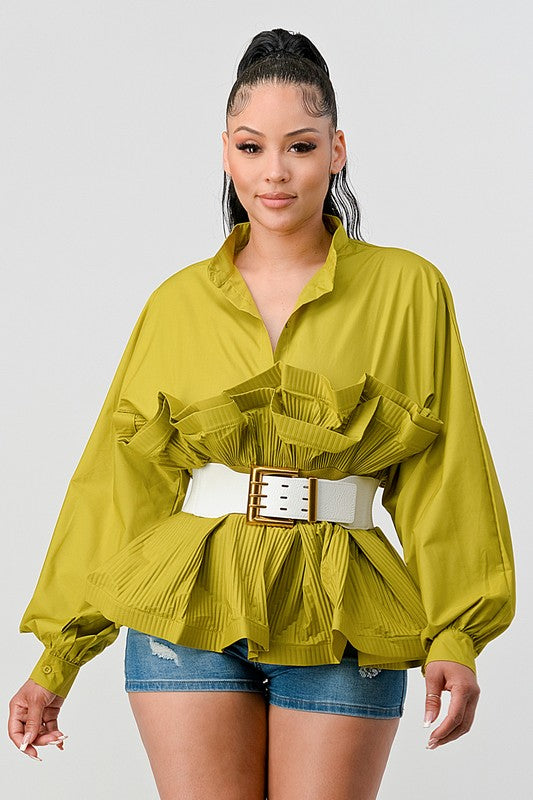 Athina Pleated Ruffle Waist Belt Long Blouse CAN-X-DID